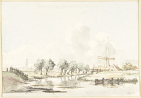 KT 2022 141
<br/>
Landschap met molen bij Amsterdam, links de toren van de Westerkerk
<br/>
<em>Cate, Hendrik Gerrit ten (1803-1856)</em>